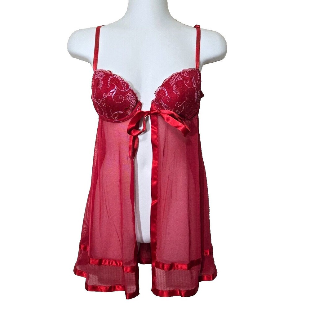 Inner Secrets Nightie Womens Small Red Sheer Mesh Embroidered Molded Cups